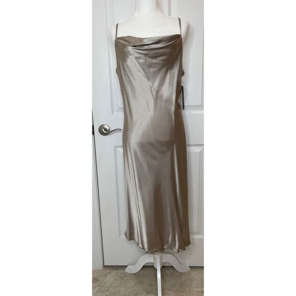 Bebe NWT Tan Champagne Satin style Slip Dress Large - Picture 2 of 15